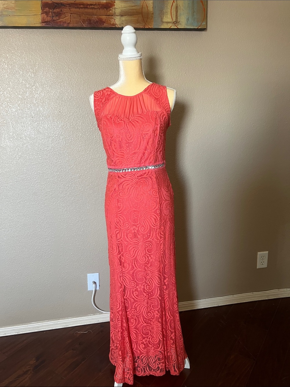 Enfocus Studio Coral Lace Maxi Gown with Beaded Waist